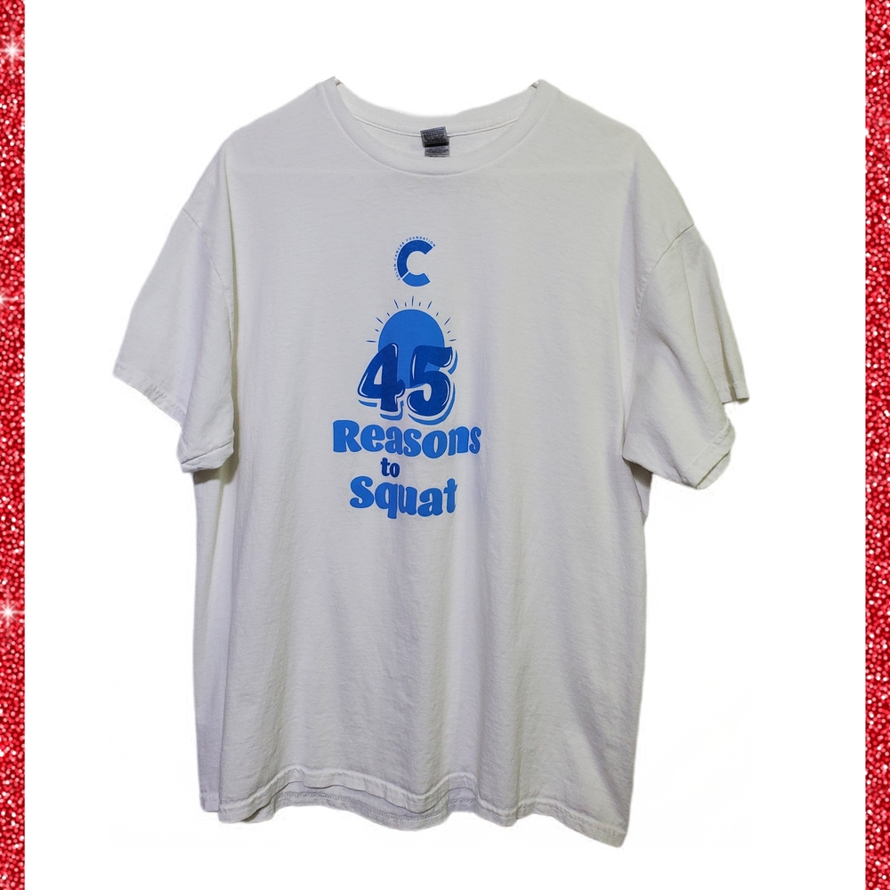 Gildan White Tee Blue Decal '45 Reasons to Squat' Athletic Tees Graphic T Shirt